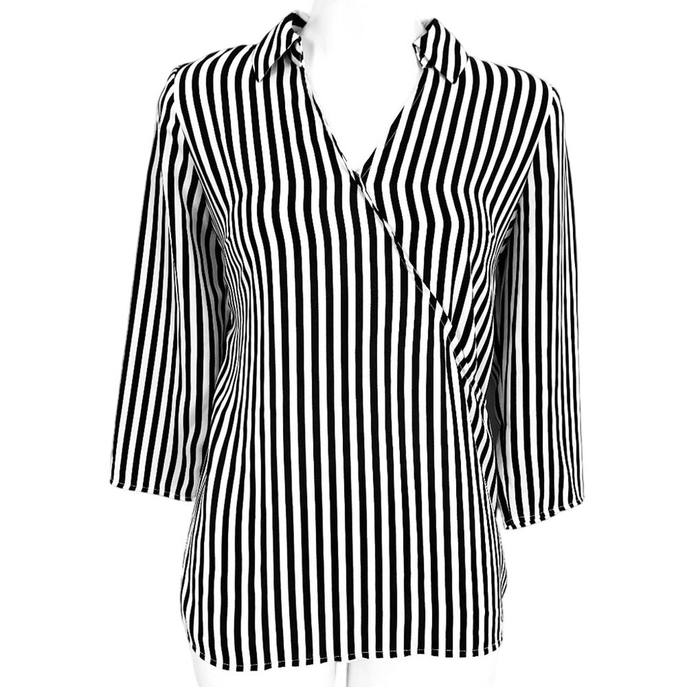TALBOTS PETITE Wrap Look Black White Blouse Top  P XS Stripes V-Neck Shirt